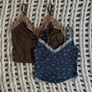 Lace Trimmed Camisole Set in Brown and Blue